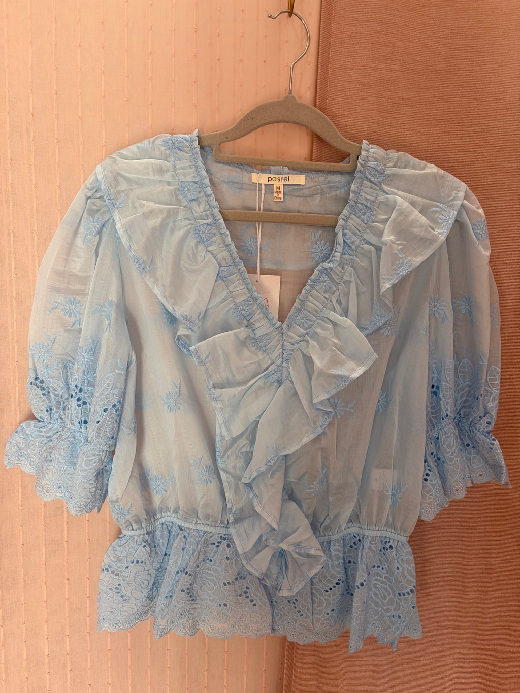 Blue Ruffle Embroidered Top