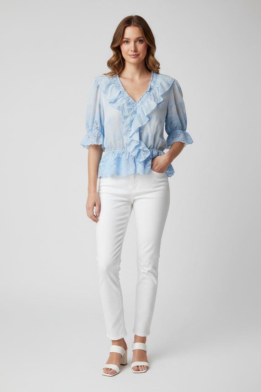 Blue Ruffle Embroidered Top